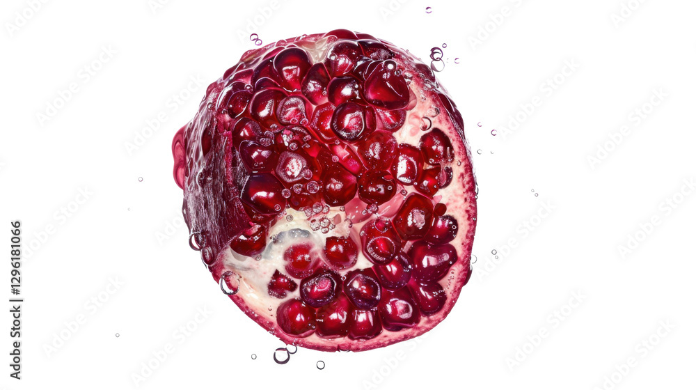 Poster half pomegranate submerged in sparkling water with transparent background