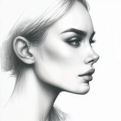 Black and white pencil portrait of a woman in profile, elegant and detailed facial features