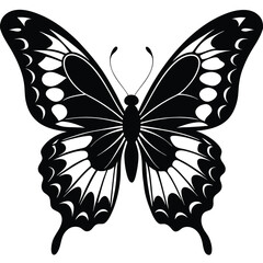 A black silhouette of a butterfly in mid-flight, wings spread elegantly with delicate details in the edges 