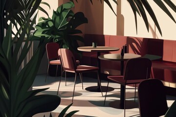 Fototapeta premium Cozy Cafe Interior with Greenery and Warm Natural Light