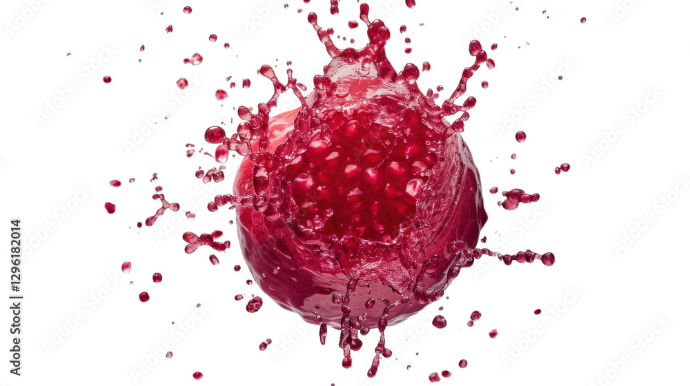 Poster ripe pomegranate exploding with juice splashing on transparent background