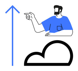 Person in blue shirt pointing up, with large blue arrow and black cloud. Ideal for cloud computing, data storage, progress, future, innovation, technology direction concepts. Clean abstract line