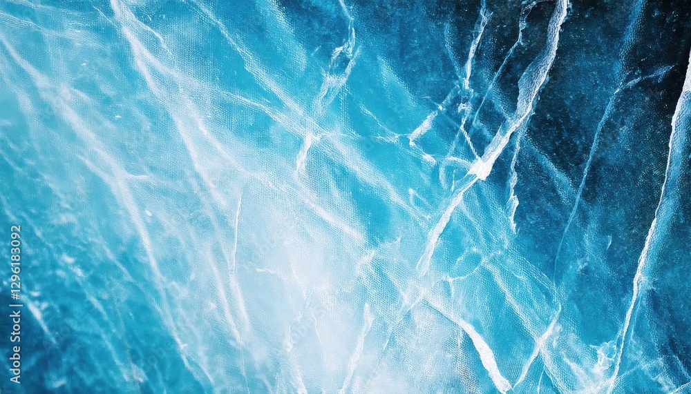 Poster cracked blue ice texture with sharp fractures and frosty patterns, natural abstract background for winter design and graphics

