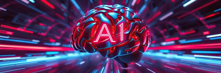 A metallic brain glowing in red and blue with the letters "AI." A cyber space with emphasized perspective and converging speed lines