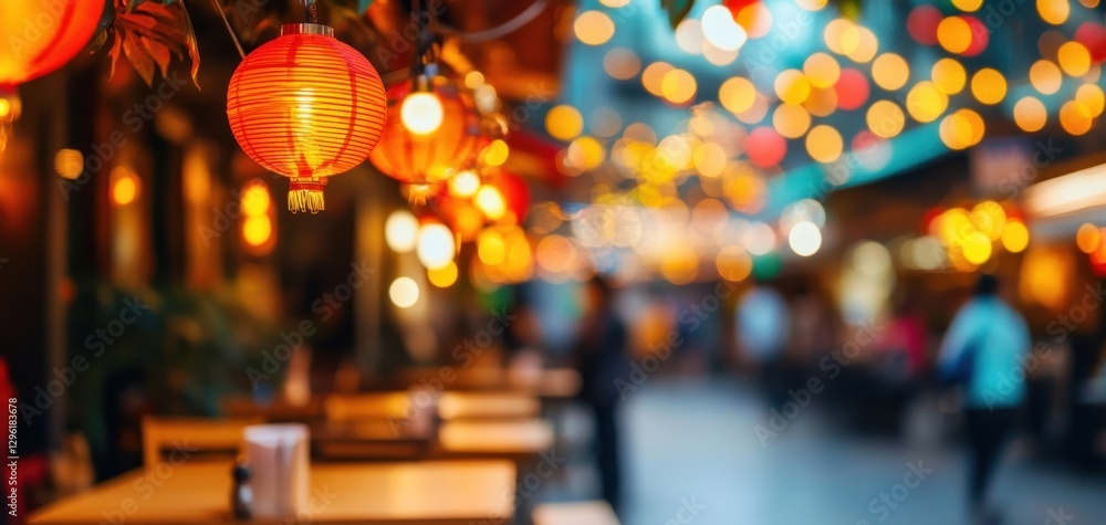 Aufkleber a vibrant street scene illuminated by glowing lanterns, creating a warm and inviting atmosphere fill