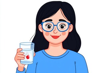 a 2D cartoon illustration of a person taking a vitamin pill with water, healthy and energized, white background