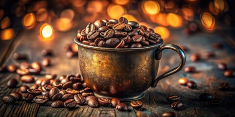 Fototapeta premium Roasted coffee beans, vintage cup, dark and rich; a nostalgic coffee scene.