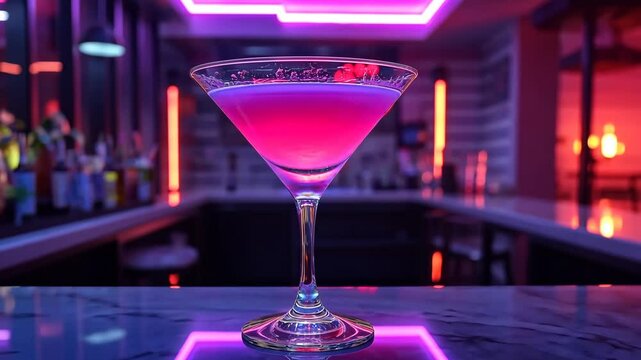 Glass of pink martini is sitting on a bar counter. The bar is dimly lit and has a neon sign above it. The atmosphere is relaxed and inviting, perfect for enjoying a drink with friends