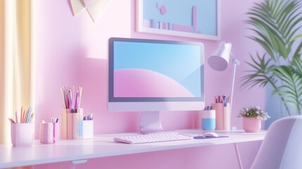 Pastel Pink Home Office Workspace:  Aesthetic Desk Setup with Computer, Plants, and Supplies