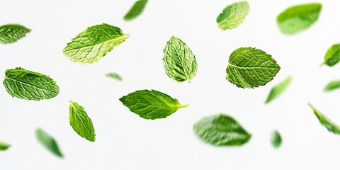 Green mint leaves falling in the air on a white background Summer levitation concept