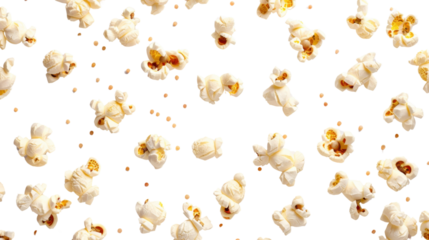 Popcorn kernels falling on transparent background: seamless tasty snack pattern for cinema lovers