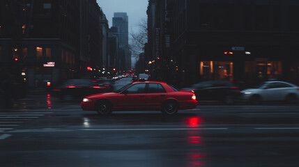 Cityscape at Dusk: A vibrant red car navigates a rain-slicked city street, with blurred lights creating a sense of motion and the towering buildings shrouded in the atmospheric twilight.