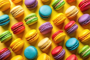 Obraz premium Colorful Macarons Party Backdrop: Sweet Treats on Yellow Surface