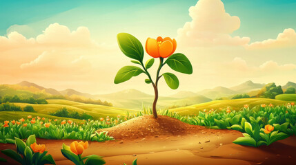 illustration of a farm : Growing sprout  Hand drawn green leaf. Growing sprout plant continuous line .Plant with roots