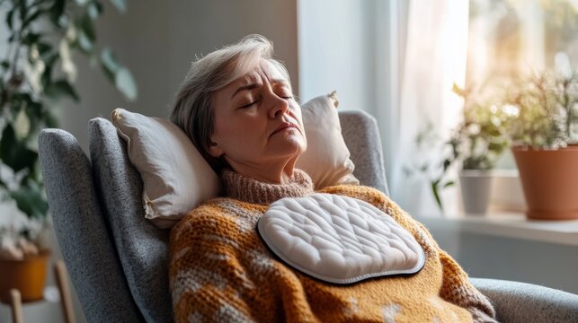 Rare illness patient sitting comfortably in a cozy chair with a heating pad. Featuring relaxation and recovery