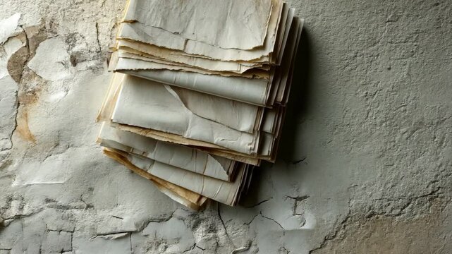 Aged paper stacked neatly on a cracked surface highlights the beauty of timeworn materials and their history in soft natural light