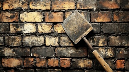 Old Rusty Shovel Against Weathered Brick Wall