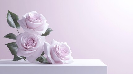 Three pale pink roses on a white surface against a light pink background.