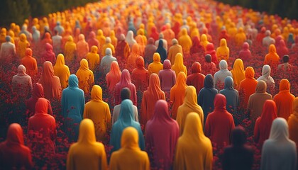 Obraz premium Vibrant Crowd in Colorful Cloaks Standing in a Field