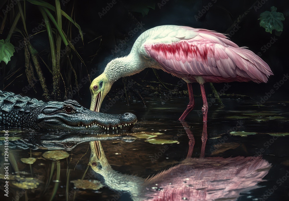 Aufkleber serene encounter at the water's edge: a colorful bird approaches an alligator in a calm swamp settin