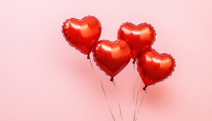 Four red heart-shaped balloons on a pink background.