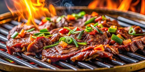 Savor succulent Korean BBQ bulgogi: sizzling marinated beef, vibrant veggies, a feast for eyes and palate.