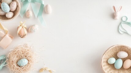 Obraz premium A creative Easter basket-making station with woven baskets, pastel ribbons, shredded paper grass, chocolate eggs, and handmade bunny plush toys
