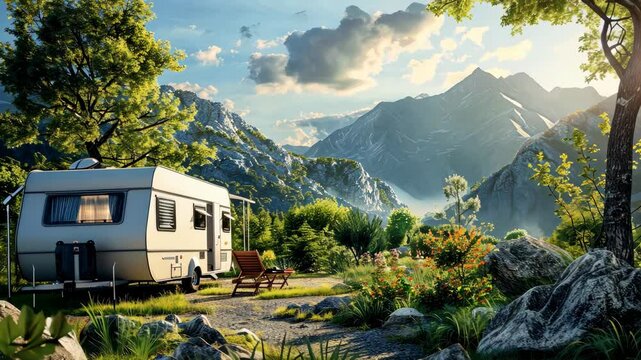 Experience a peaceful camping trip with a caravan in the mountains, surrounded by stunning landscapes and vibrant nature