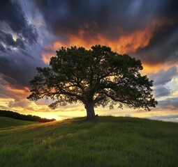 Fototapeta premium Majestic Tree Silhouetted Against Dramatic Sunset Sky Colors