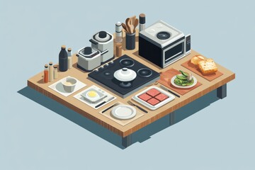 Kitchen Tabletop Scene Featuring Appliances and Food