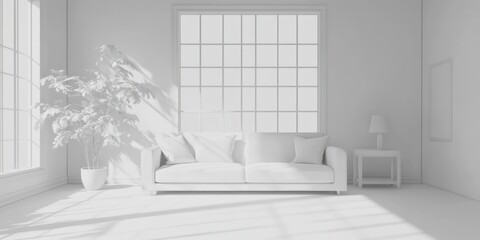 Minimalist White Living Room with Sofa and Plant