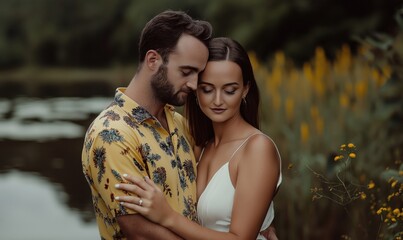 Obraz premium A couple shares a tender moment by a tranquil lake, surrounded by blooming wildflowers on a peaceful afternoon