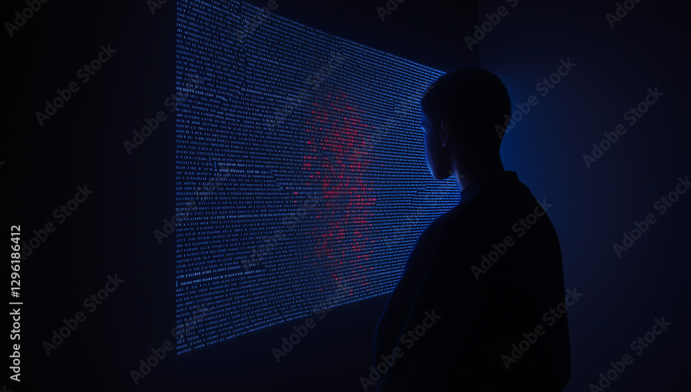 Poster digital contemplation: a silhouette of a person absorbed in the visual display of a red data stream.