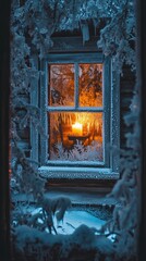A cozy candle illuminates a frosty winter window. Snow and ice create a serene scene. A warm glow contrasts the chill outside. Enjoy the peaceful ambiance. Generative AI