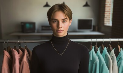 A vibrant scene featuring a young professional in a black turtleneck, blending vintage and modern tech