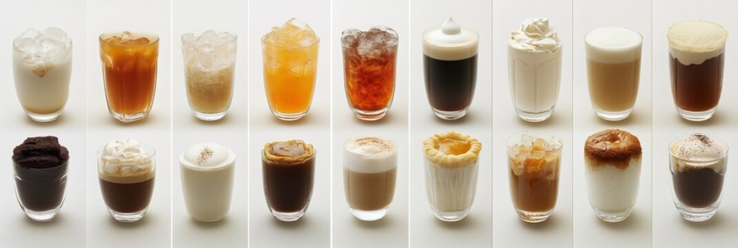 Coffee Variety Collection of Different Coffee Drinks and Presentations. Delicious Coffee Creations