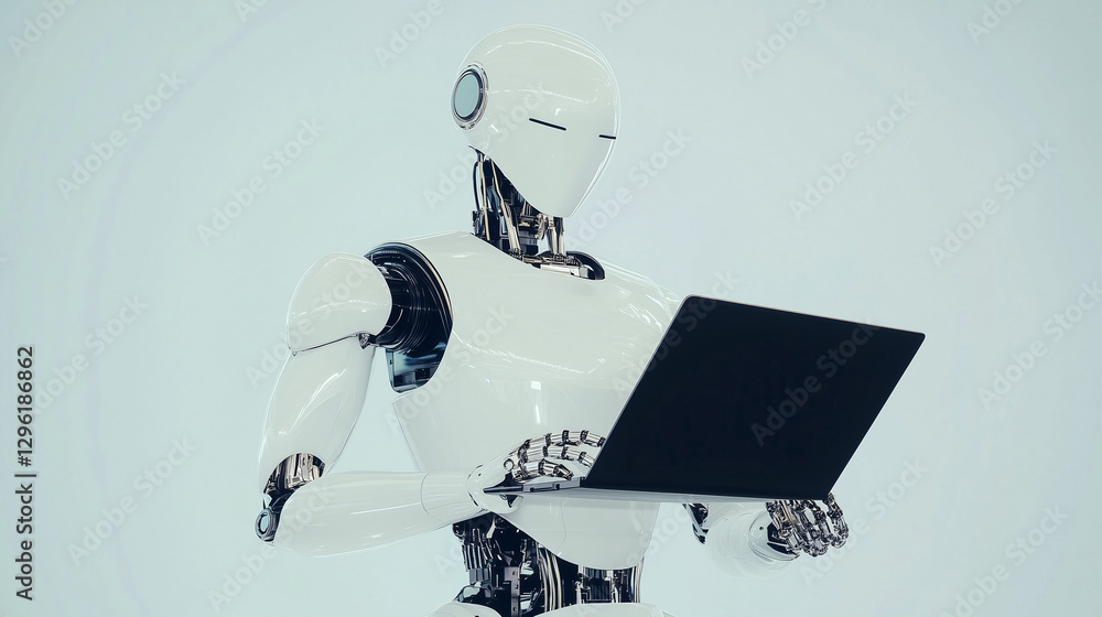 Poster ai interaction: a futuristic robot intently engages with a digital tablet, symbolizing technological