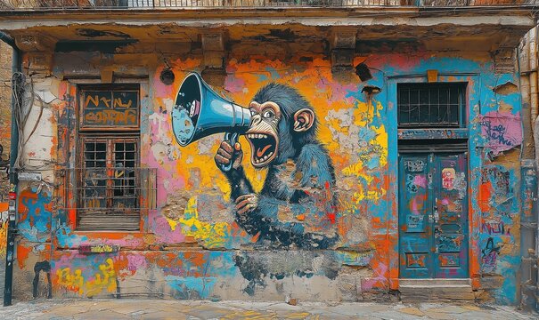 A monkey passionately shouts into a megaphone against a colorful, graffiti-laden wall in the urban landscape, capturing attention