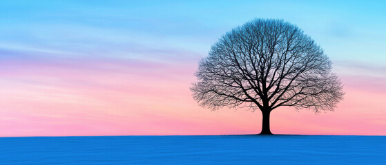 Minimalist funeral service. Lonely tree silhouetted against a colorful twilight sky.