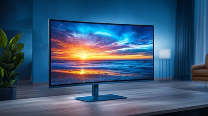 Fototapeta premium Captivating sunset reflection on curved monitor modern living room photography cozy atmosphere side view technology showcase