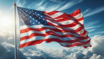 Majestic American flag waving in the sky, illuminated by sunlight, symbolizing freedom, patriotism, national pride, independence, democracy, and unity against a backdrop of clouds.