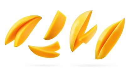 Juicy mango slices levitate against a white background.