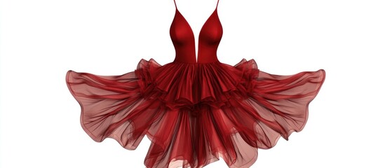 Red tulle mini dress with layered skirt and v-neckline.