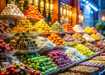 Obraz premium Colorful Turkish Delight Lokum at Traditional Market, Eastern Sweets Display, Shop Window