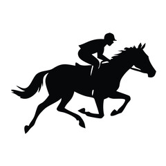 A black silhouette of a jockey riding a galloping horse, captured in mid-motion 