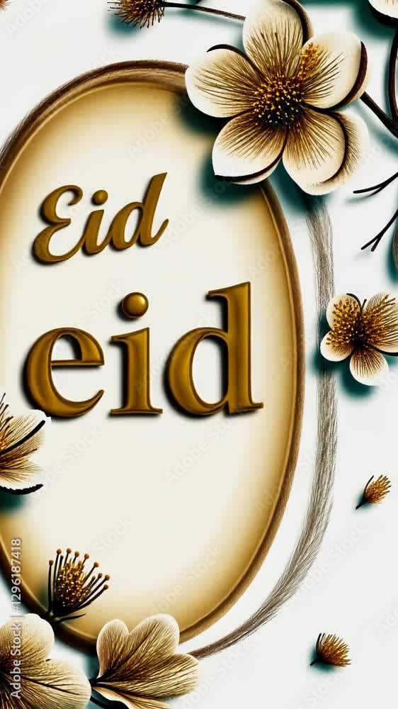 Poster A flowery border with the word Eid written in gold. The border is oval. The flowers are in various sizes and are scattered throughout the border