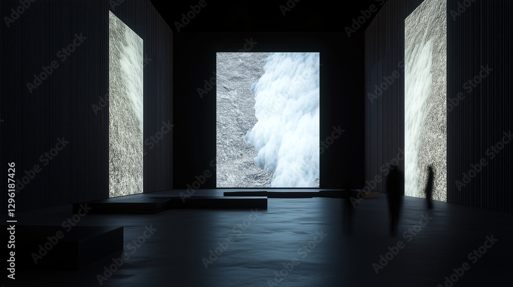 Poster ocean view gallery: a minimalist architectural space with projections of ocean scenes, creating a tr