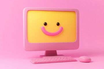 Happy pink computer with smiley face on screen.