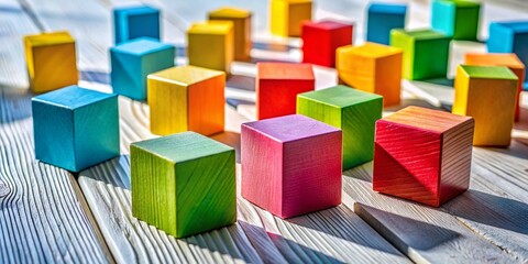 Obraz premium Colorful Wooden Blocks Geometric Shapes Shadows Rustic White Table Long Exposure Photography