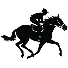 A black silhouette of a jockey riding a galloping horse, captured in mid-motion 